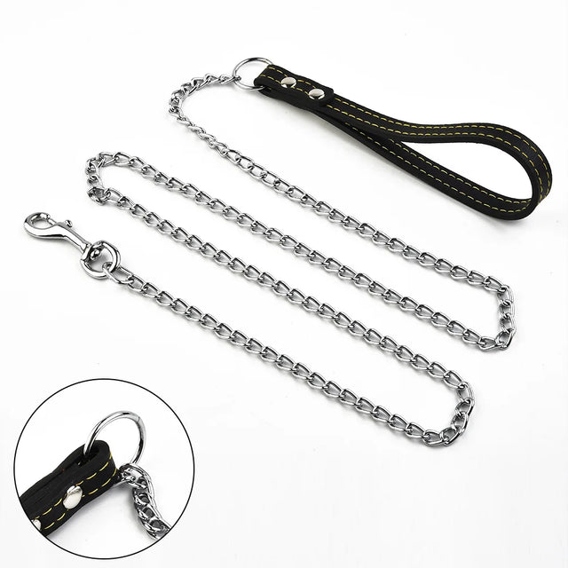 Heavy-Duty Metal Chain Dog Leash with Leather-Style Handle